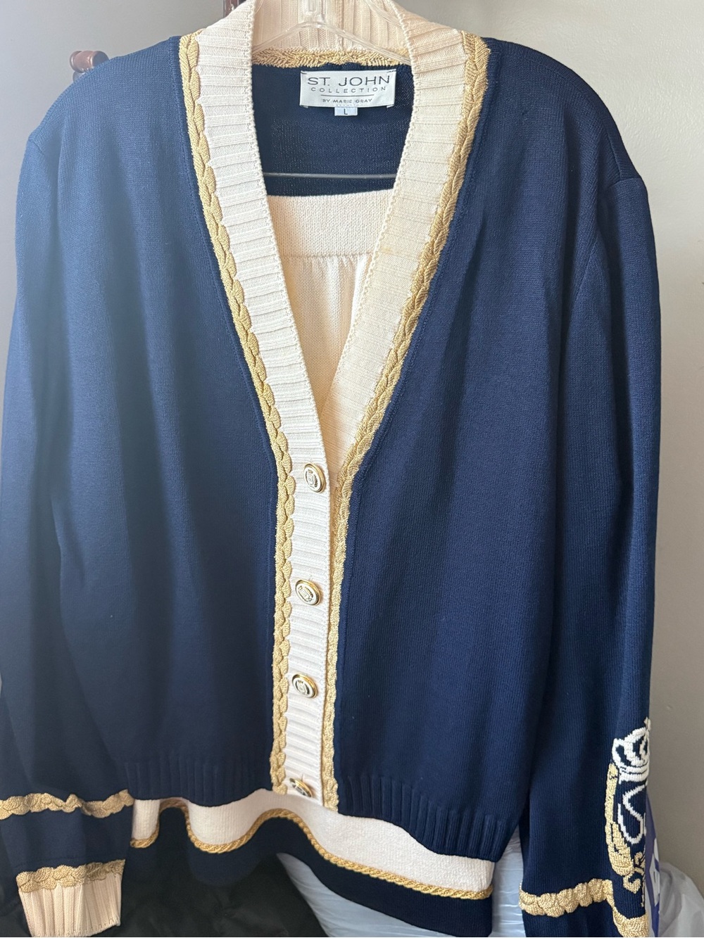 St. John Navy, Cream and Gold Trim V-Neck Cardigan size L and skirt size 8